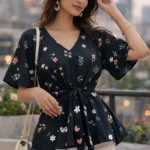 black floral bell sleeve peplum top for women