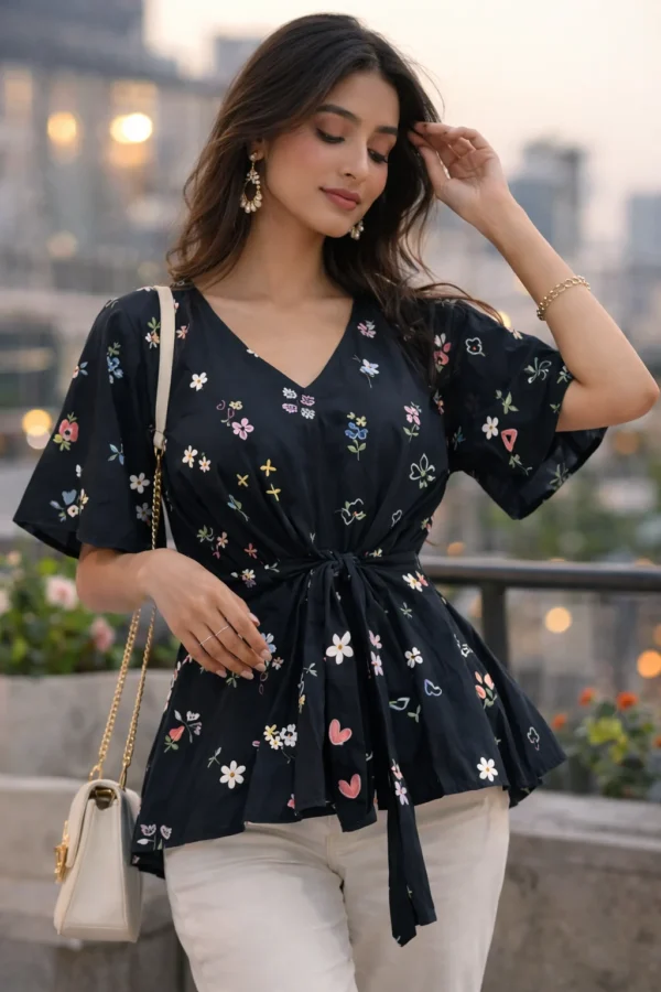 black floral bell sleeve peplum top for women