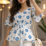 blue evil eye bell sleeve peplum top for women