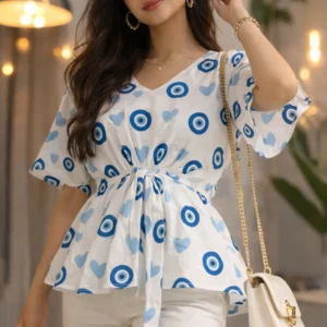 blue evil eye bell sleeve peplum top for women