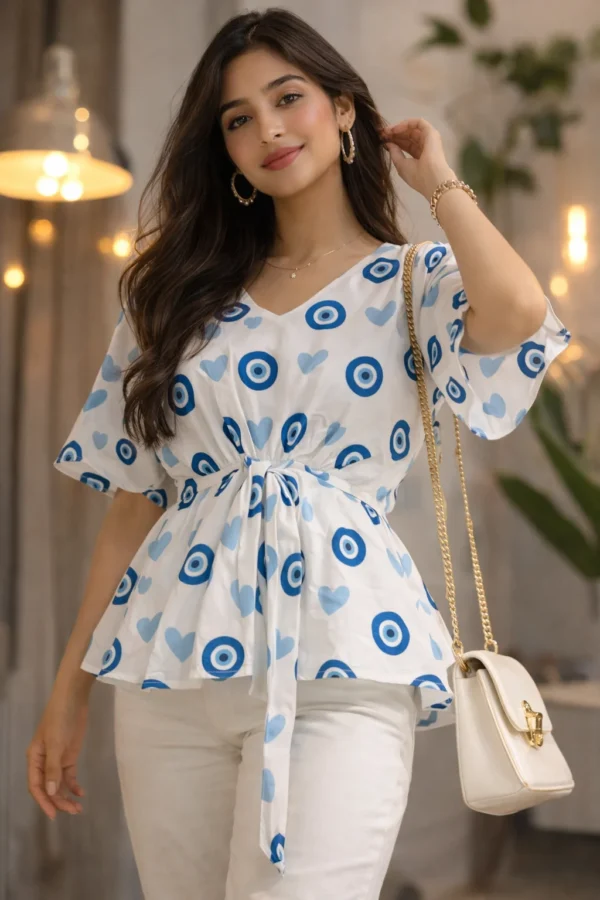 blue evil eye bell sleeve peplum top for women