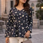 daisy print peplum top for women with full sleeves