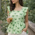 green butterfly ruffle sleeve peplum top for women