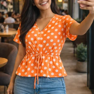 orange polka dot bell sleeve peplum top for women