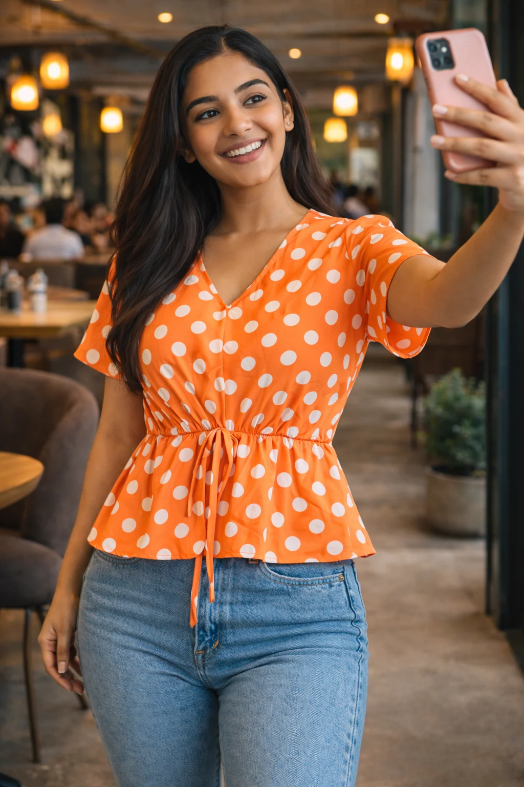 orange polka dot bell sleeve peplum top for women