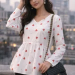 white heart print peplum top for women with full sleeves