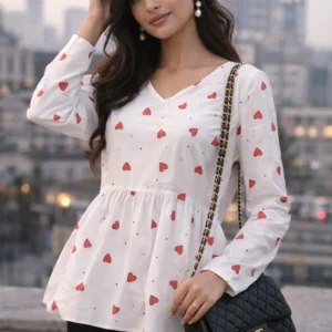 white heart print peplum top for women with full sleeves
